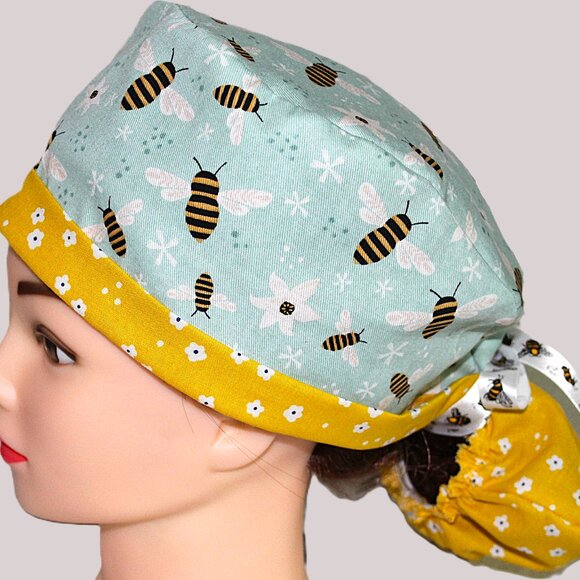 Womens Bumble Bee Aqua Scrub Cap Ponytail Surgical Hat, Silk Ribbon Ties - Picture 5 of 7